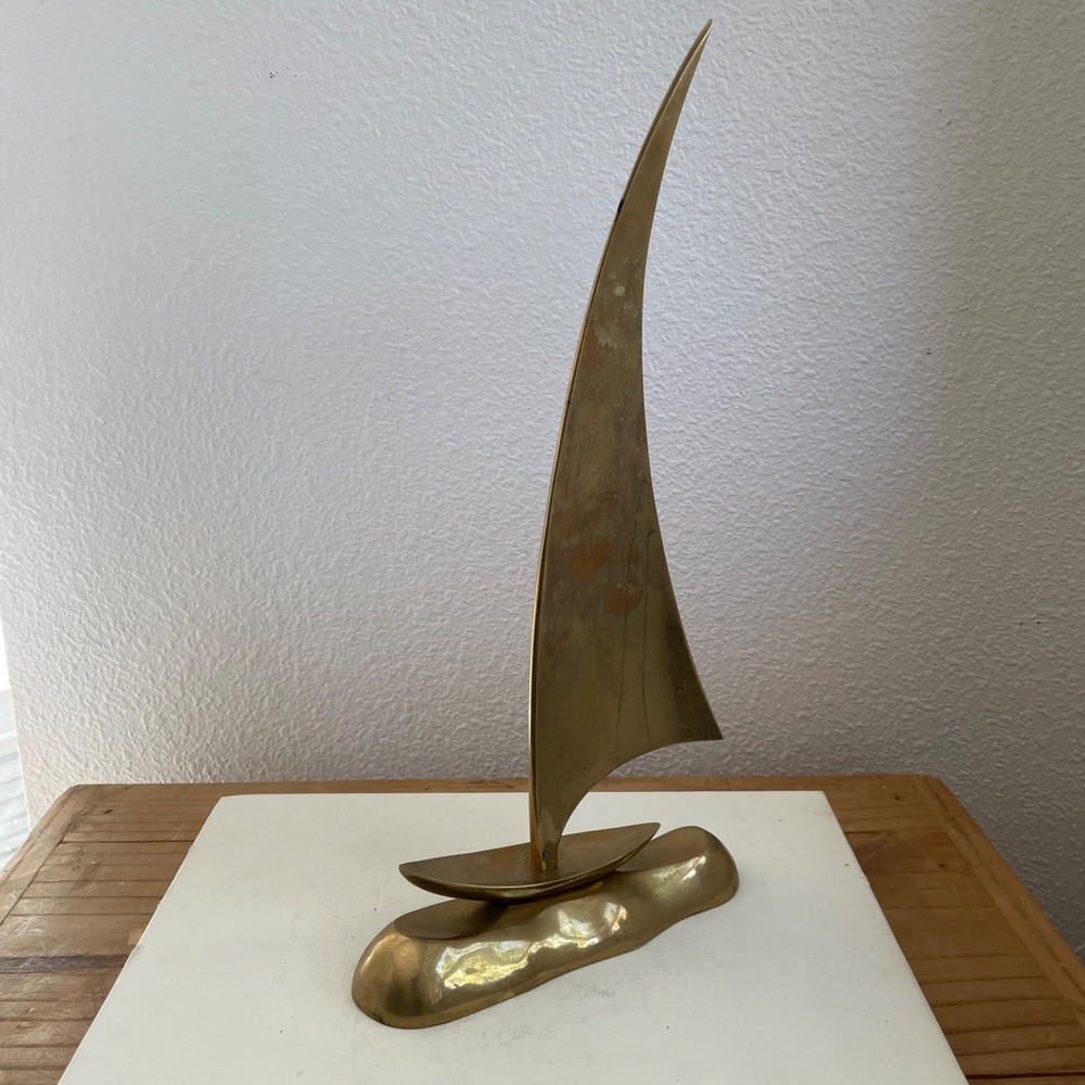 Vintage Brass Sailboat Sculpture Coastal Shelf Decor Mid Century Modern Nautical - Picture 2 of 10